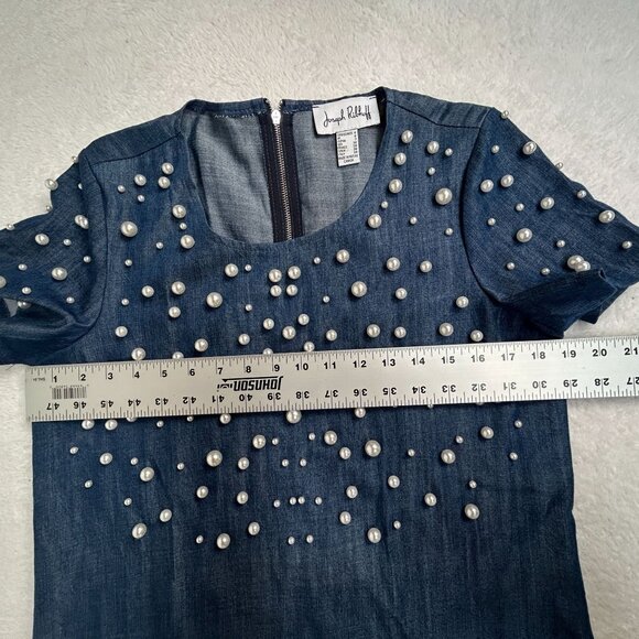 Joseph Ribkoff Pearl Embellished Denim Shift Dress Size 4 Short Sleeve Mini Blue - Picture 6 of 7